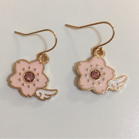 Pink Flower ￼Pink CZ in the middle￼With White Wing￼ Earrings Rose Gold Hooks - Picture 5 of 11
